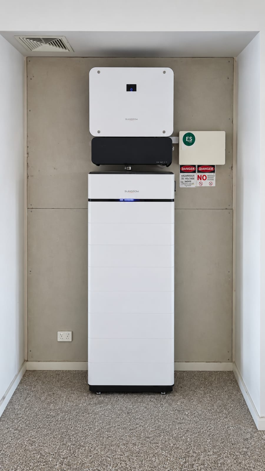 Sungrow hybrid inverter and battery stack garage install Gold Coast Untapped Energy Solutions