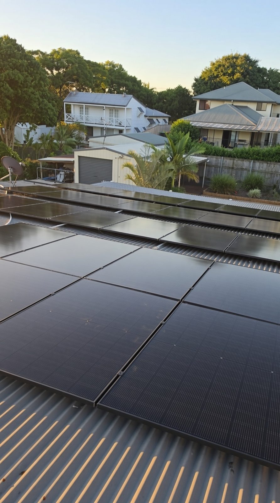 Solar panels on an established suburban metal roof Gold Coast Brisbane